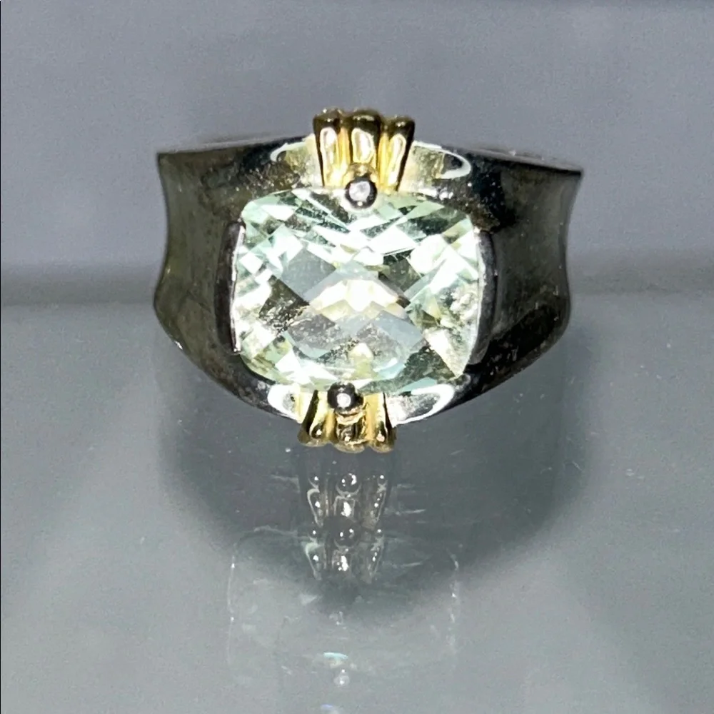 NWOT Genuine Green Amethyst Sterling Silver Gold Accent Designer Ring Bohemian